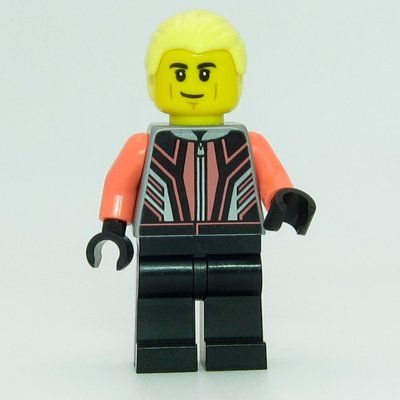 Minifigura Race Driver - Flat Silver Torso, Coral Arms, Black Legs, Bright Light Yellow Hair del set 60396