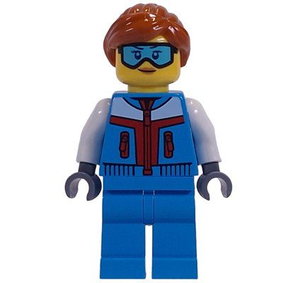 Minifigure Dark Azure Torso, Dark Azure Legs, Dark Orange Hair, Goggles del set 60381