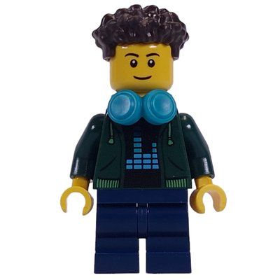 Minifigure Dark Green Torso, Dark Blue Medium Legs, Dark Brown Hair, Dark Turquoise Headphones del set 60381
