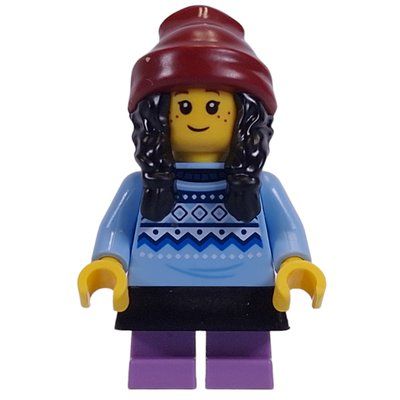 Minifigure Kid, Bright Light Blue Torso, Black Dress, Medium Lavender Legs, Dark Red Beanie del set 60381