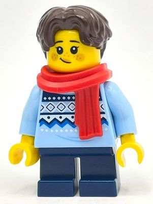 Figurine Child, Bright Light Blue Sweater, Short Dark Blue Legs, Red Scarf, Dark Brown Hair du set 10325