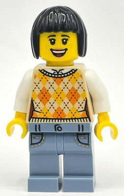 Figurine Woman, Tan Sweater Vest, Sand Blue Legs, Black Hair du set 10325