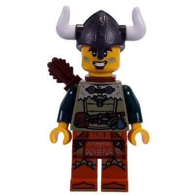 Minifigure Viking, Olive Green Shirt, Helmet with Horns, Quiver del set 21343