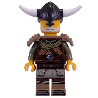 Minifigure Viking, Reddish Brown Shirt, Shoulder Guards, Helmet with Horns, White Beard del set 21343