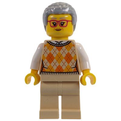 Minifigur Tan Torso, Tan Legs, Light Bluish Grey Hair, Red Glasses aus Set 10326
