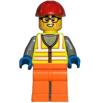 Minifigura Construction Worker, Vibrant Yellow Safety Vest, Orange Legs, Red Hard Hat del set 60401
