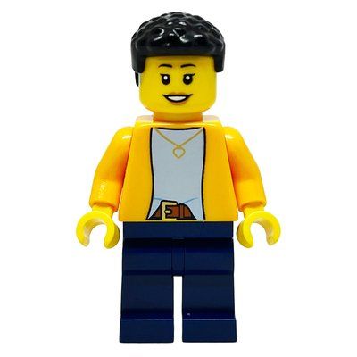 Minifigure Bright Orange Torso, Dark Blue Legs, Black Hair, Hearing Aid del set 40681