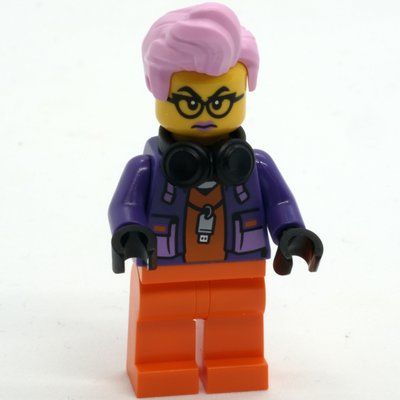 Minifigure Criminal, Orange Suit, Bright Pink Hair, Dark Purple Jacket, Black Headphones del set 60418