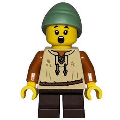 Minifigura Kid, Tan Torso, Dark Brown Legs, Sand Green Hat del set 10332