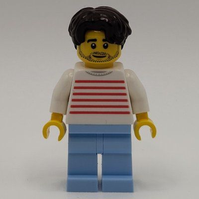 Minifigura White Striped Torso, Bright Light Blue Legs, Dark Brown Hair del set 31153