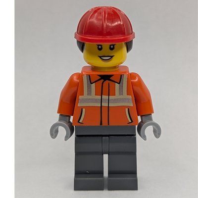 Figurine Construction Worker, Reddish Orange Jacket, Red Hard Hat with Ponytail du set 60420