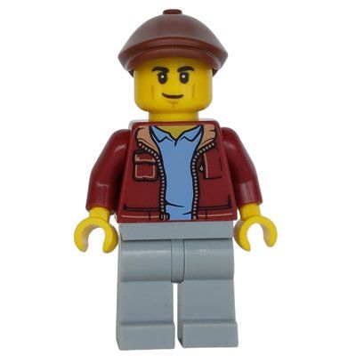 Minifigur Man, Dark Red Jacket, Light Bluish Gray Legs, Reddish Brown Flat Cap aus Set 60408