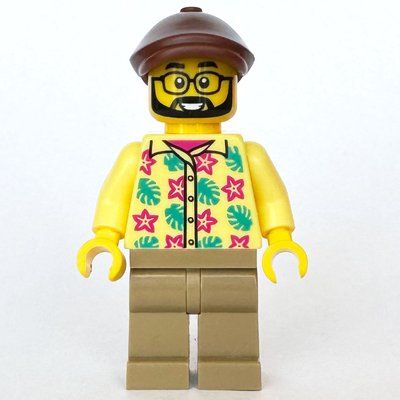 Minifigur Man, Bright Light Yellow Hawaiian Shirt, Dark Tan Legs, Reddish Brown Flat Cap aus Set 60407
