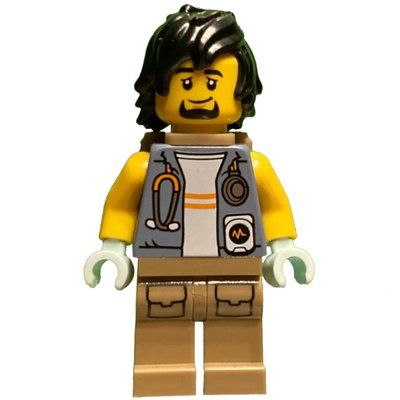 Minifigure Vet, Sand Blue Jacket, Dark Tan Legs, Black Hair and Goatee, Backpack del set 30665