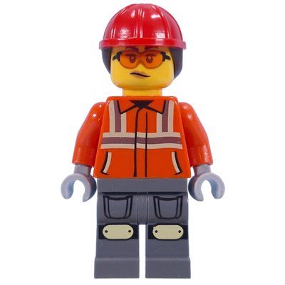 Minifigur Construction Worker, Reddish Orange Jacket, Red Hard Hat with Ponytail aus Set 60409