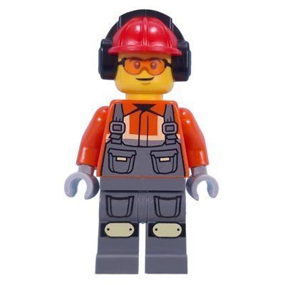 Figurine Construction Worker, Reddish Orange Jacket, Overall, Red Hard Hat with Ear Protection du set 60478
