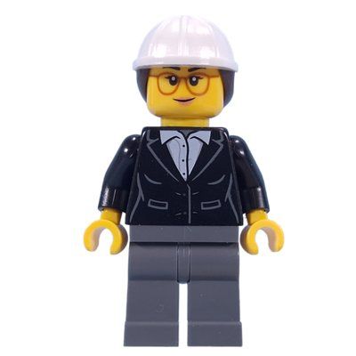 Minifigur Construction Supervisor, Black Jacket, White Hard Hat with Ponytail aus Set 60409