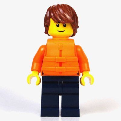 Minifigura Just Jason, Orange Torso, Dark Blue Legs, Reddish Brown Hair, Orange Life Vest del set 60422