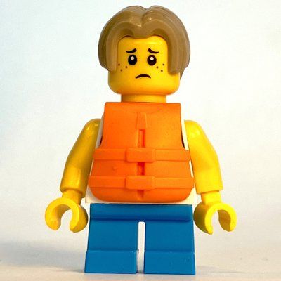 Minifigura Kid, White Torso, Dark Azure Legs, Dark Tan Hair, Orange Life Vest del set 60422