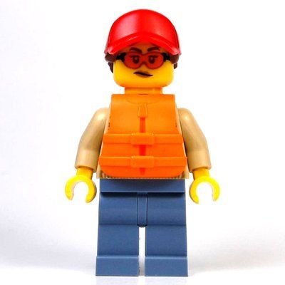 Minifigura Tan Torso, Sand Blue Legs, Sunglasses, Red Cap, Orange Life Vest del set 60422
