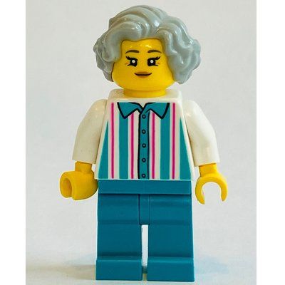 Minifigura White Stripes Torso, Dark Turquoise Legs, Light Bluish Grey Hair del set 60422