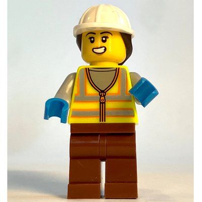 Minifigura Harbor Worker, Vibrant Yellow Safety Vest, Reddish Brown Legs, White Helmet with Ponytail, Orange Life Vest del set 60422