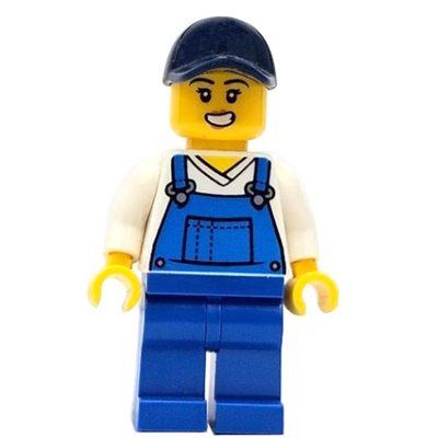Minifigure Train Worker, White Torso, Blue Overall, Dark Blue Cap del set 910033