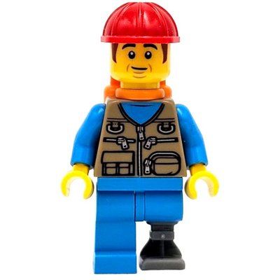 Minifigure Train Work, Dark Tan Torso, Dark Azure Legs, Prosthetic Leg, Red Hat, Orange Air Tanks del set 910033
