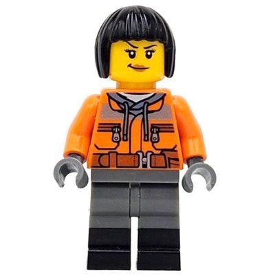 Minifigure Train Worker, Orange Torso, Dark Bluish Grey Legs, Black Boots, Black Hair del set 910033