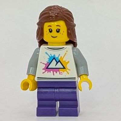 Minifigur Girl, White Shirt, Dark Purple Legs, Reddish Brown Hair aus Set 60423