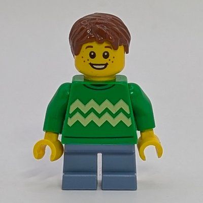 Minifigur Boy, Bright Green Sweater, Short Sand Blue Legs aus Set 60423