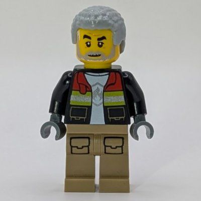 Minifigur Firefighter, Open Jacket, Dark Tan Legs, Light Bluish Gray Hair aus Set 60423