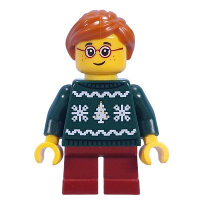 Minifiguur Kid, Dark Green Sweater, Dark Red Legs, Dark Orange Hair uit set 60436