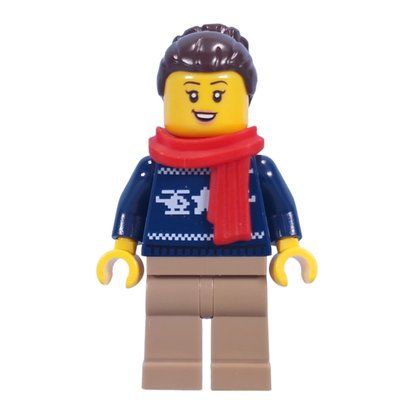 Minifiguur Dark Blue Sweater, Dark Tan Legs, Dark Brown Hair, Red Scarf uit set 60436