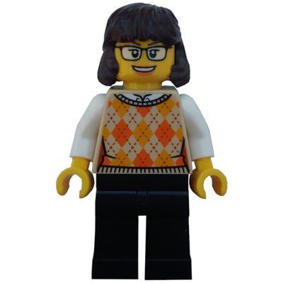 Minifigure Tan Torso, Sweater, Black Legs, Reddish Brown Hair del set 40698
