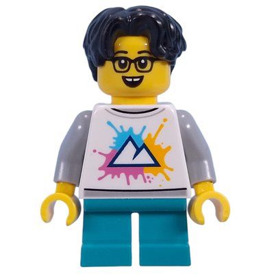 Minifigur Kid - White Torso with Mountains, Dark Turquoise Legs, Black Hair aus Set 21353