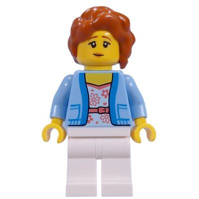 Minifigur Visitor, Bright Light Blue Torso, White Legs, Dark Orange Hair aus Set 21353