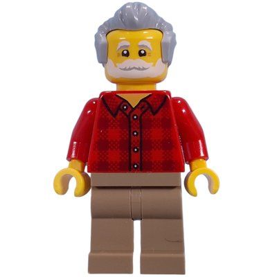 Minifigur Visitor, Red Torso, Dark Tan Legs, Light Bluish Grey Hair aus Set 21353