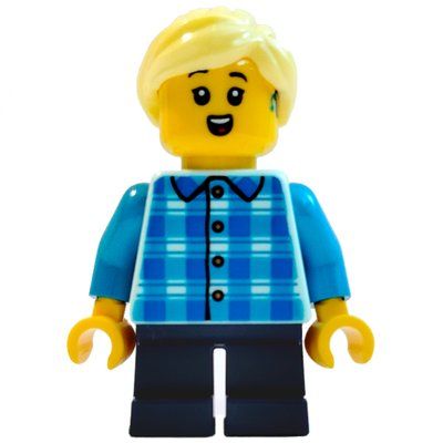 Minifigure Girl, White and Blue Plaid Shirt, Short Dark Blue Legs del set 60461