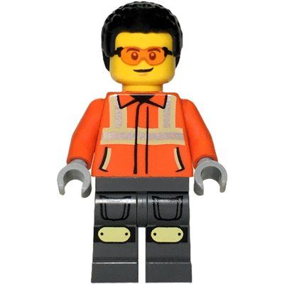 Minifigura Construction Worker, Reddish Orange Jacket, Black Hair del set 60450