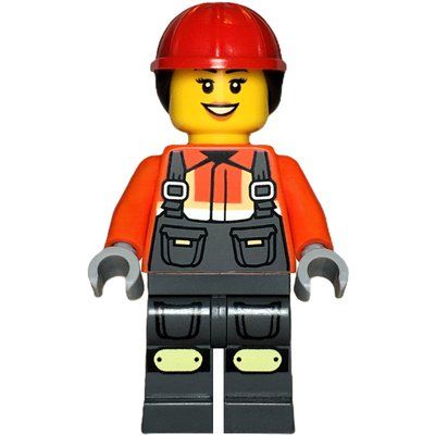 Minifigura Construction Worker, Reddish Orange Jacket, Overall, Red Hard Hat with Hair del set 60450
