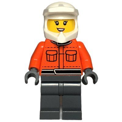 Figurine Pit Crew, Reddish Orange Torso, Dark Bluish Grey Legs, Female, Smile du set 60443