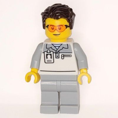 Minifigure Garage Worker, White/Light Bluish Grey Suit, Dark Brown Hair, Glasses del set 60444