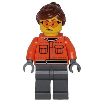 Figurine Pit Crew, Reddish Orange Torso, Dark Bluish Grey Legs, Female, Reddish Brown Hair du set 60445
