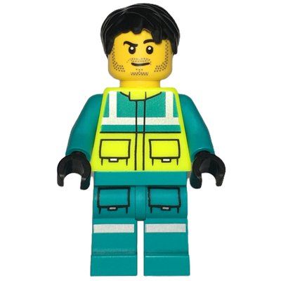 Figurine Paramedic, Vibrant Yellow Safety Vest, Dark Turquoise Legs, Black Hair du set 60451