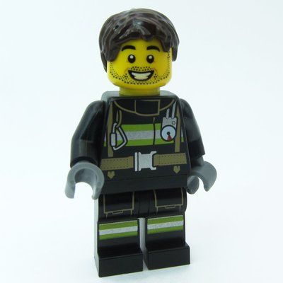 Minifigure Firefighter, Black Fire Suit, Dark Brown Hair from set 60463