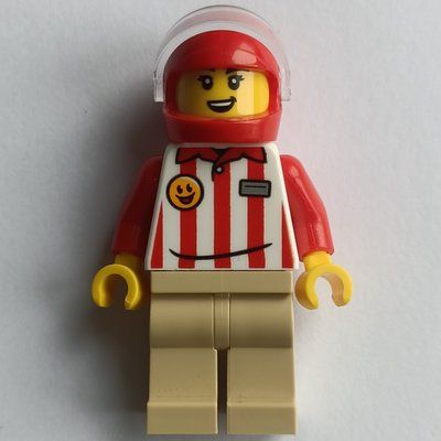 Minifigure Hotdog Vender, Red/White Stripes Shirt, Tan Legs, Red Helmet from set 6562113