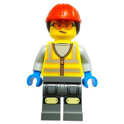 Minifigure Workshop Mechanic, Vibrant Yellow Safety Vest, Dark Bluish Grey Legs, Red Cap, Orange Safety Glasses from set 71837