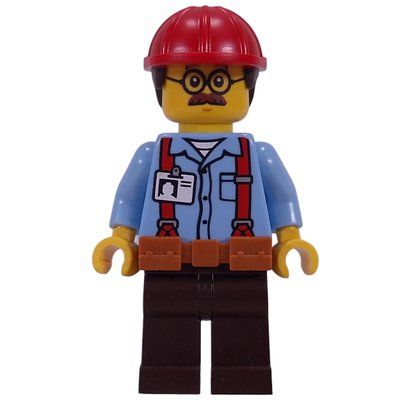 Figurine Construction Worker, Ted Brickle, Bright Light Blue Shirt, Reddish Brown Legs, Dark Orange Belt, Red Helmet du set 60466