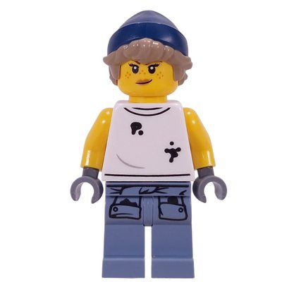Minifiguur Mechanic, Dirty White Vest, Sand Blue Legs, Dark Blue Hat uit set 60467
